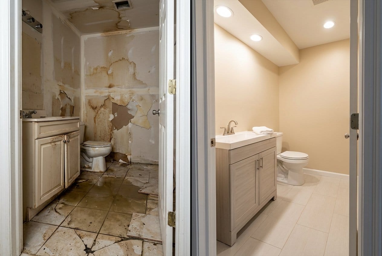 Before and after water damage restoration in Franklin Lakes split-level home bathroom