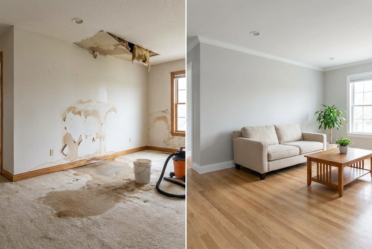 Emergency Water Removal before and after in living room, Franklin Lakes NJ