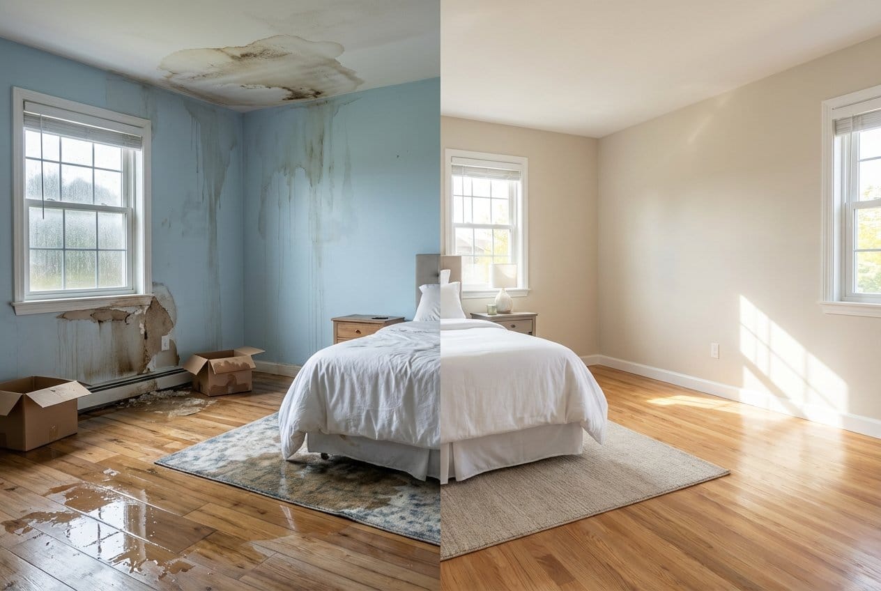 Before and after emergency water removal in Franklin Lakes two-story residence bedroom