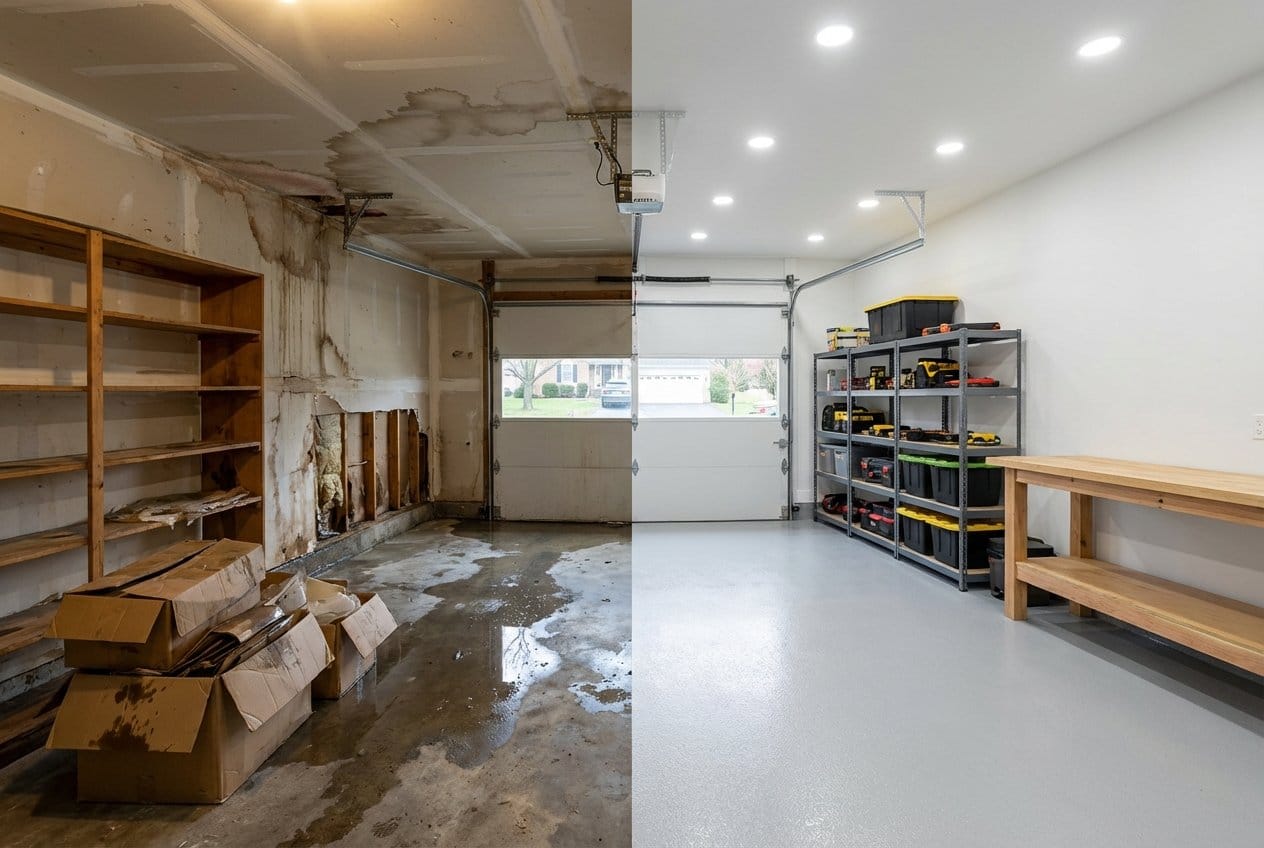 Basement Flood Cleanup before and after in garage, Franklin Lakes NJ