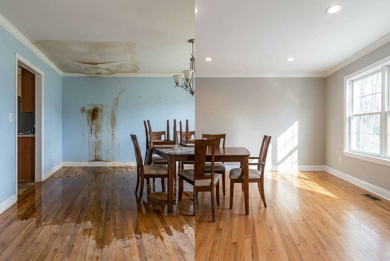 Before and after burst pipe & plumbing leak damage in Franklin Lakes bungalow dining room
