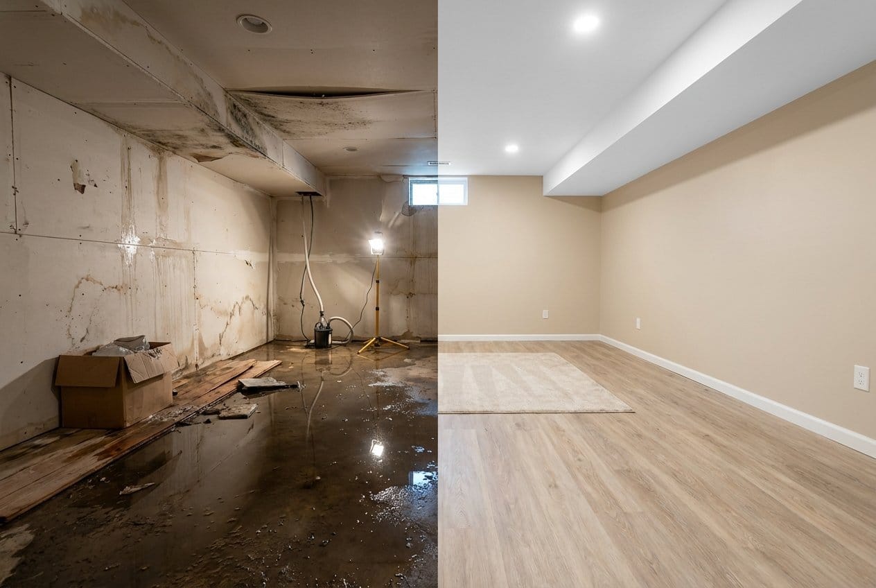 Storm & Roof Leak Water Damage before and after in finished basement, Franklin Lakes NJ