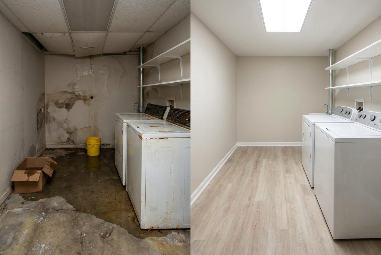 Storm & Roof Leak Water Damage restoration — utility room of split-level home in Franklin Lakes, NJ