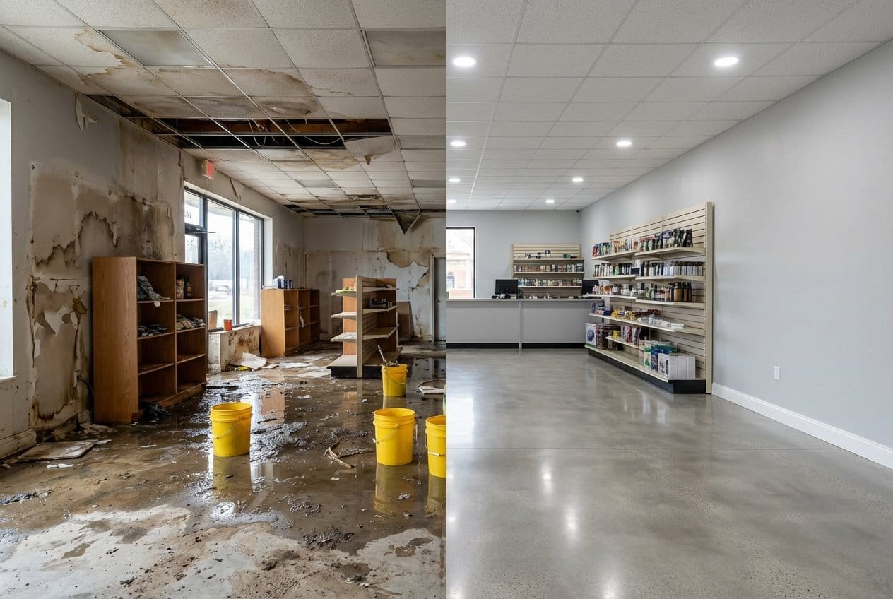 Before and after storm & roof leak water damage in Franklin Lakes Cape Cod house storefront interior