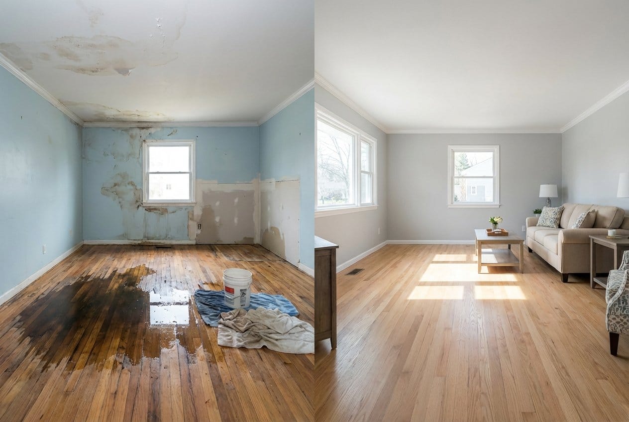 Structural Drying & Dehumidification before and after in living room, Franklin Lakes NJ