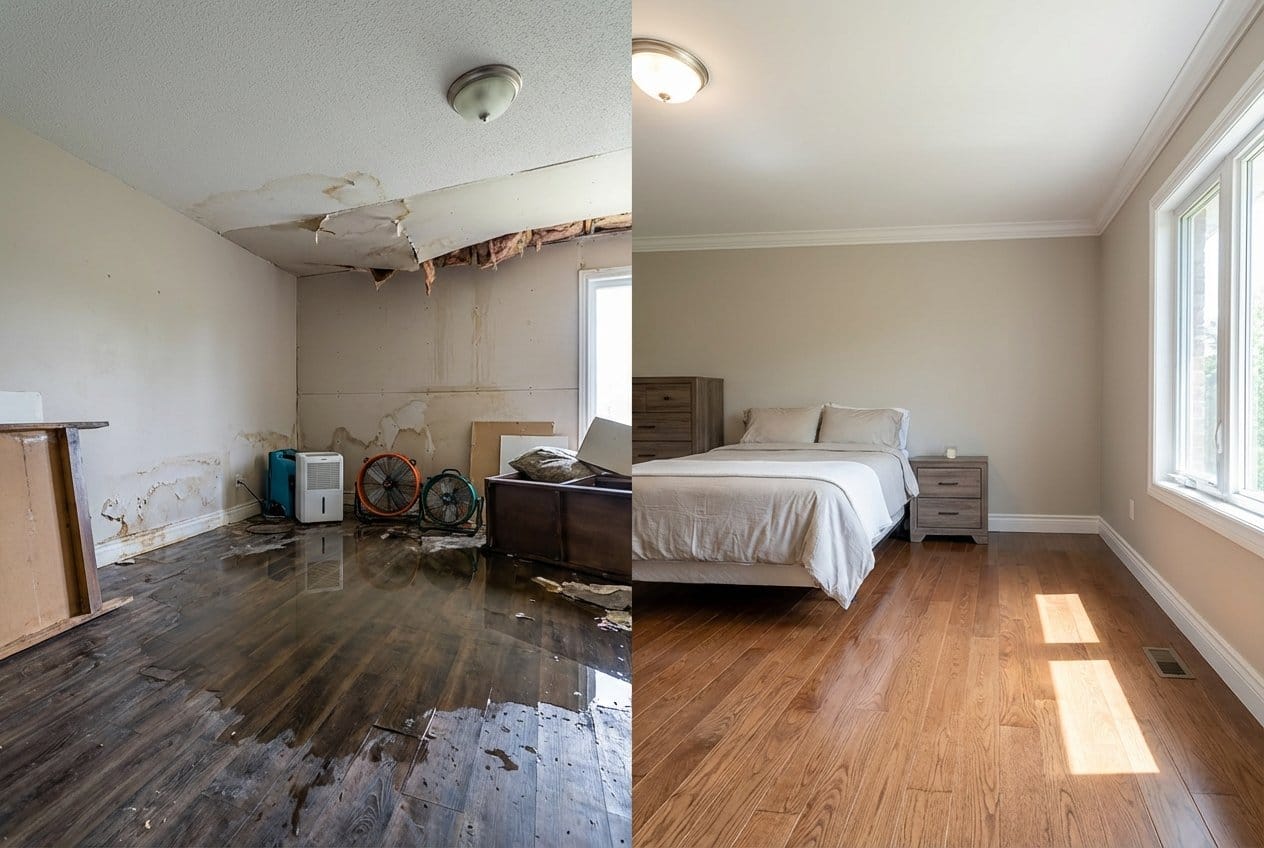 Before and after structural drying & dehumidification in Franklin Lakes bi-level home bedroom