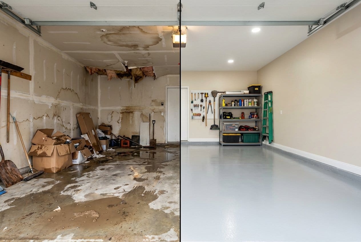 Carpet & Flooring Water Damage Cleanup before and after in garage, Franklin Lakes NJ