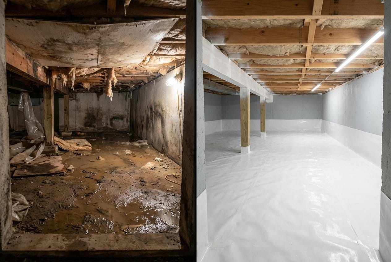 Carpet & Flooring Water Damage Cleanup restoration — crawl space of bungalow in Franklin Lakes, NJ