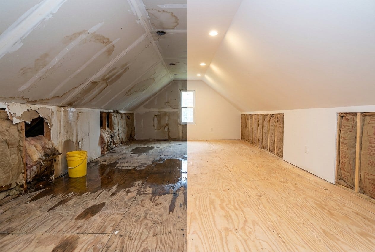 Before and after carpet & flooring water damage cleanup in Franklin Lakes single-family home attic space