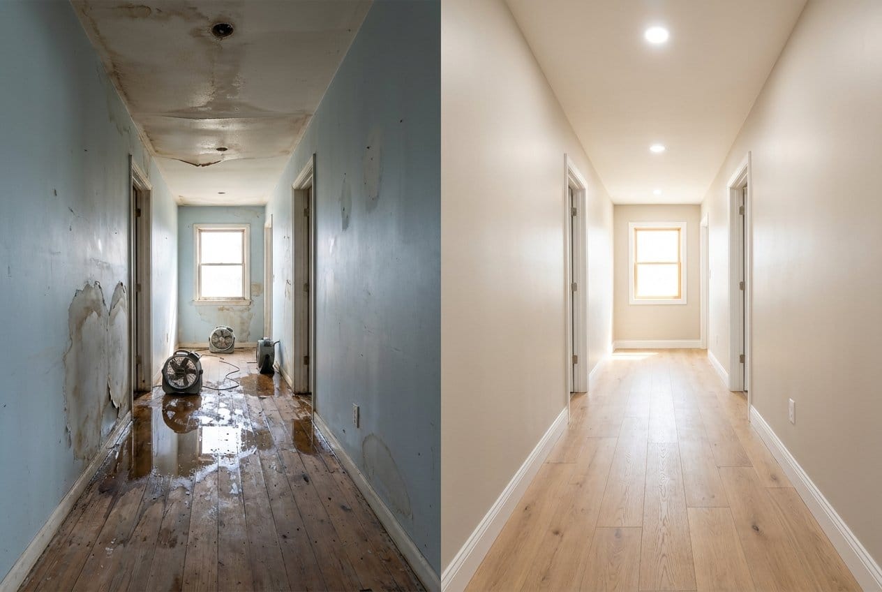 Wall & Ceiling Dry-Out before and after in hallway, Franklin Lakes NJ