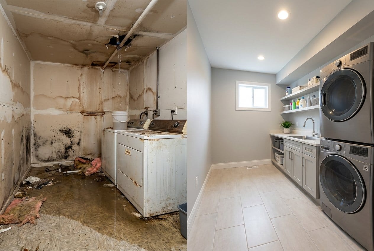Wall & Ceiling Dry-Out restoration — laundry room of Cape Cod house in Franklin Lakes, NJ