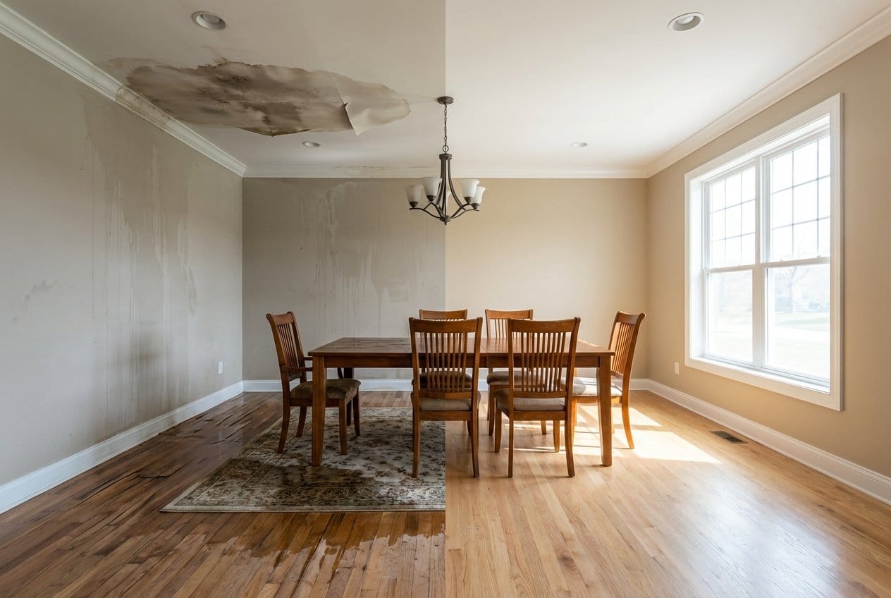 Before and after wall & ceiling dry-out in Franklin Lakes ranch-style home dining room
