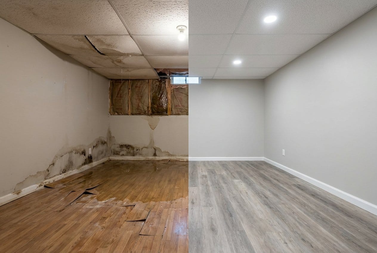 Content Drying & Property Cleanup before and after in finished basement, Franklin Lakes NJ
