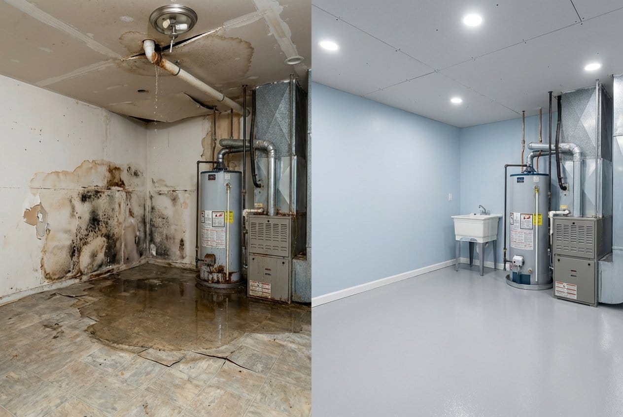 Content Drying & Property Cleanup restoration — utility room of private residence in Franklin Lakes, NJ