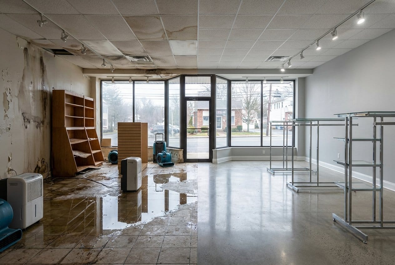 Before and after content drying & property cleanup in Franklin Lakes townhouse storefront interior