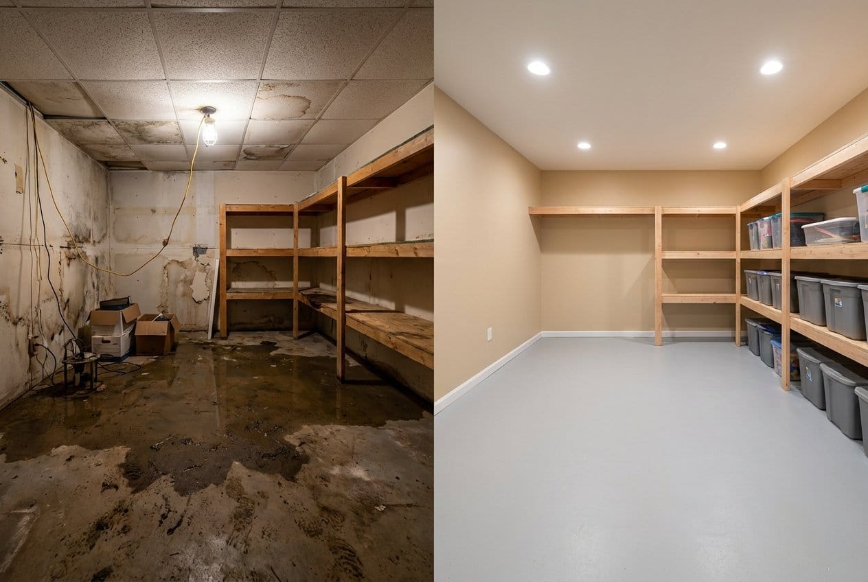 Mold Prevention After Water Damage before and after in residential basement, Franklin Lakes NJ