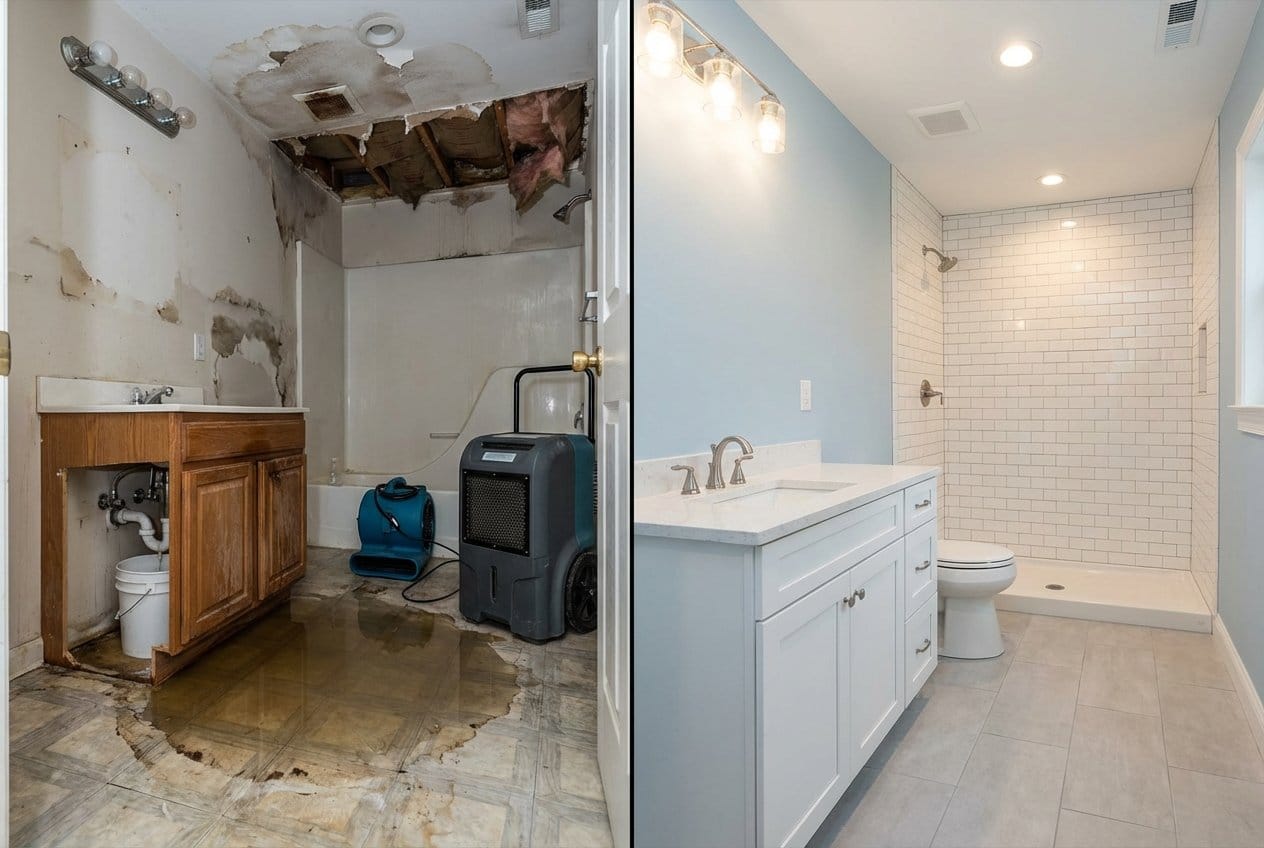 Before and after mold prevention after water damage in Franklin Lakes Victorian home bathroom