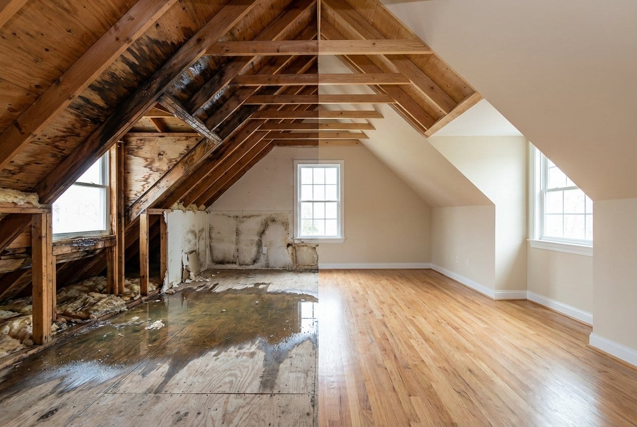 Franklin Lakes Water Damage Restoration attic space restoration before and after in Franklin Lakes